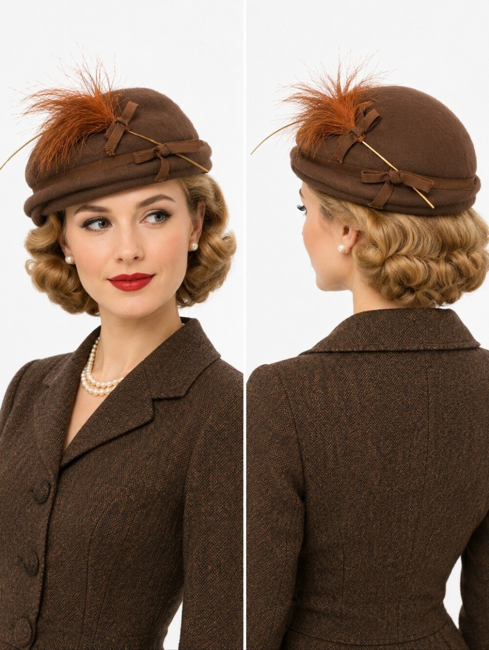 Lancaster Wool Felt Calot Cloche Hat Women Brown Feather Vintage Size 7 Elegant